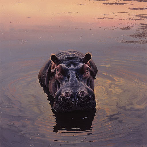 Solitary hippo in reflective pool at dusk