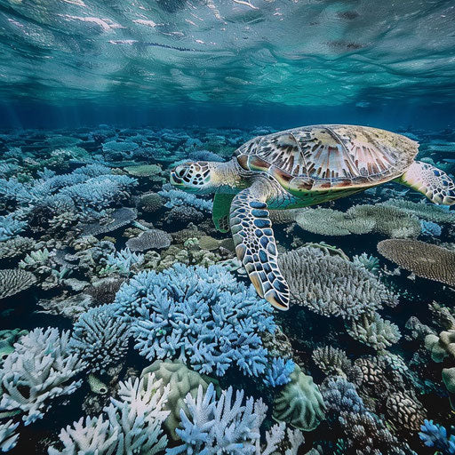 Green sea turtle swimming over stunning coral bleaching scene, highlighting beauty and fragility.
