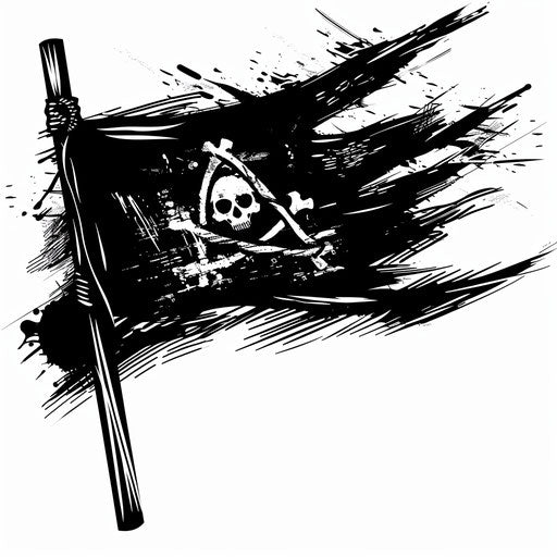 Adventurous tattoo sketch in clipart style, anarchy symbol on pirate flag, black and white