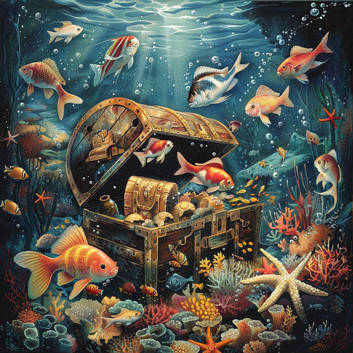 Fish chasing around a sunken treasure chest