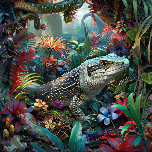 Blue tongue skink in a fantastical scene with surreal elements