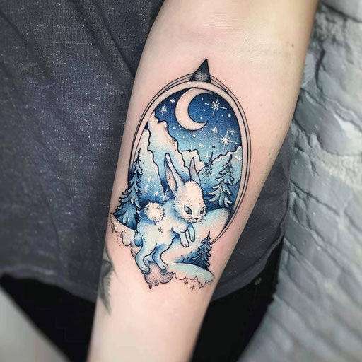 Flat tattoo sketch of a bunny in a snowy landscape