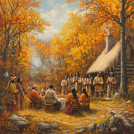 Serene scene of Pilgrims and Native Americans praying together before Thanksgiving meal