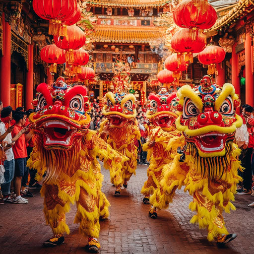 Vibrant Chinese snake dance with colorful lions in the square
