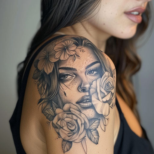 Realistic black and gray tattoo for women's shoulder