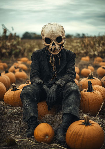 Spooky scarecrow in pumpkin patch