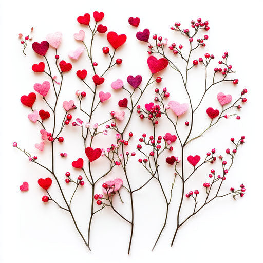30 pink and red heart-shaped floral stems with berries on white