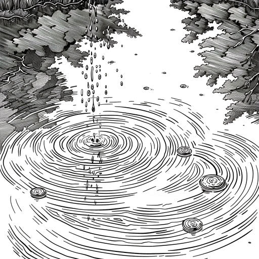 Rain on a pond, drops creating ripples