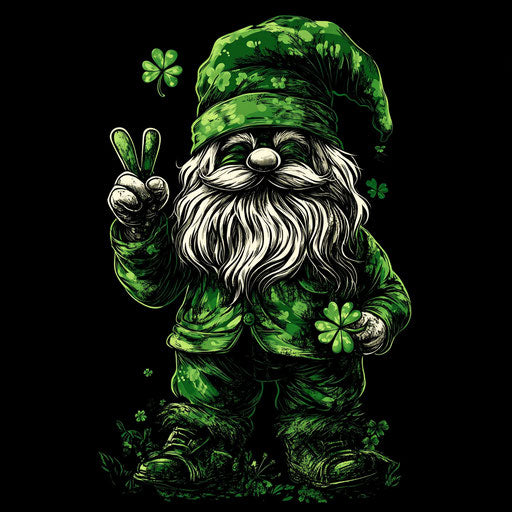 St. Patrick's Day gnome with a peace sign holding a four-leaf clover poster