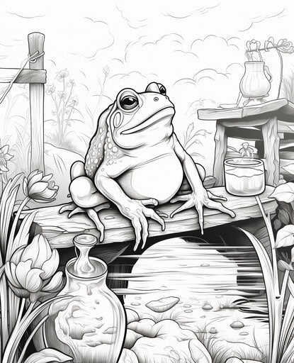 A free frog coloring page, in the style of Kazimierz Dąbrowski, Albert Bloch, Charles Spencelayh, calm waters, unpredictable, Konica Auto S3, unique 25:31