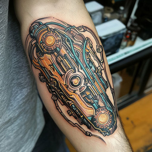 Inner arm tattoos, biomechanical design with gears and wires
