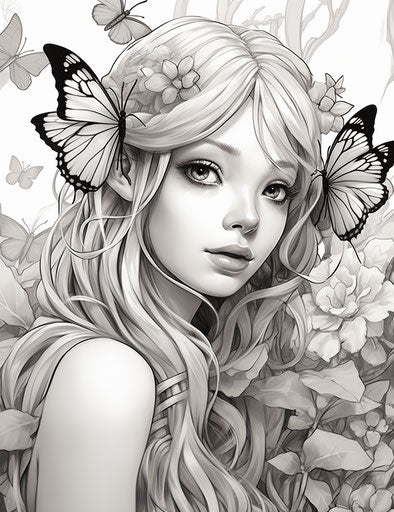 Fairy coloring pages of butterfly, kawaii chic style