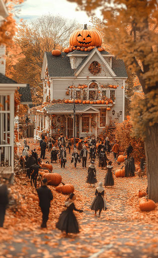 New England town decorated for Halloween