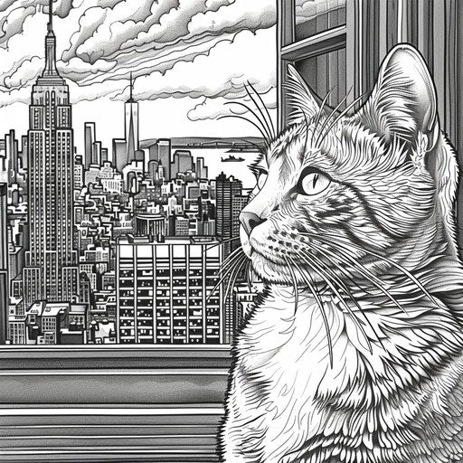 Kitty with detailed city background, Stephen Wiltshire style