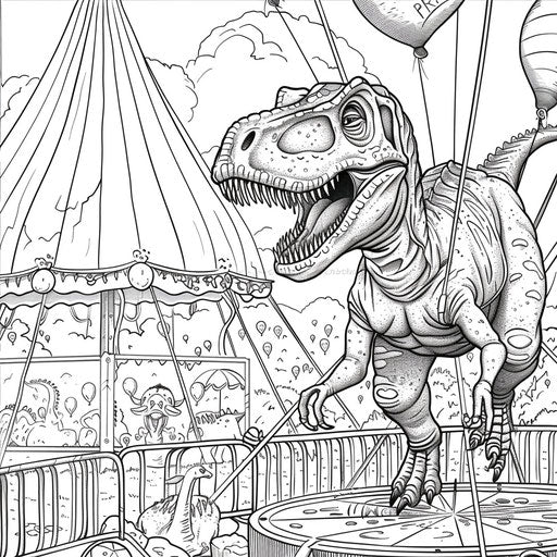 Dinosaur at carnival with balloons, Butch Hartman style, coloring book page