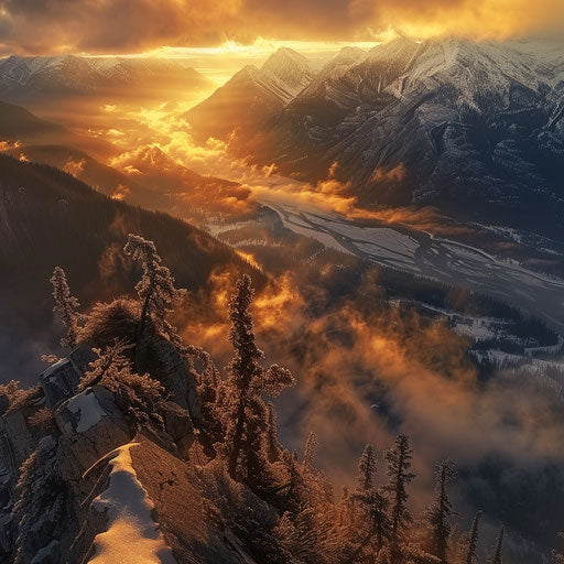 Sulfur Mountain, Canada at sunrise, misty valleys below, golden light