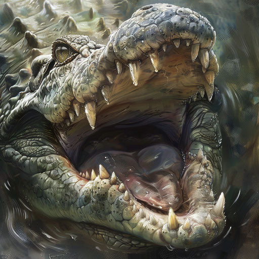 Threatening crocodile displaying teeth, Aaron Blaise style