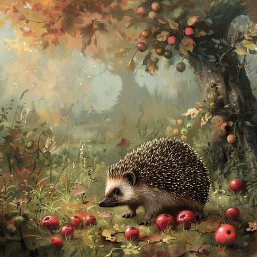 Leisurely walk of a hedgehog in a dewy orchard