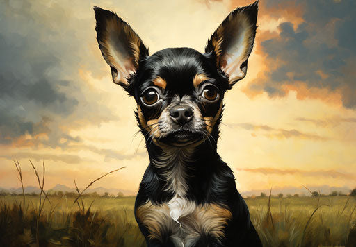 Chihuahua on dark black and gold grassy field
