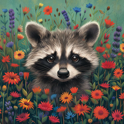 A curious raccoon behind a vibrant wildflower patch