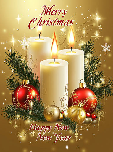 Three white candles, Christmas decorations, golden background, red and gold ornaments, candles lit, beautiful Merry Christmas and Happy New Year