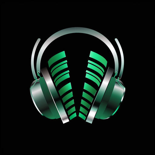 Audio logo in green and silver on sleek black background