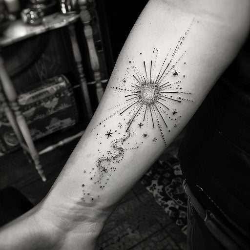 Dynamic flat tattoo sketch of the Aquarius constellation surrounded by a burst of stellar flares