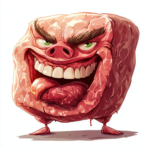 Humorous caricature of a meat with human characteristics