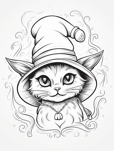 Coloring page of black cat with witch hat