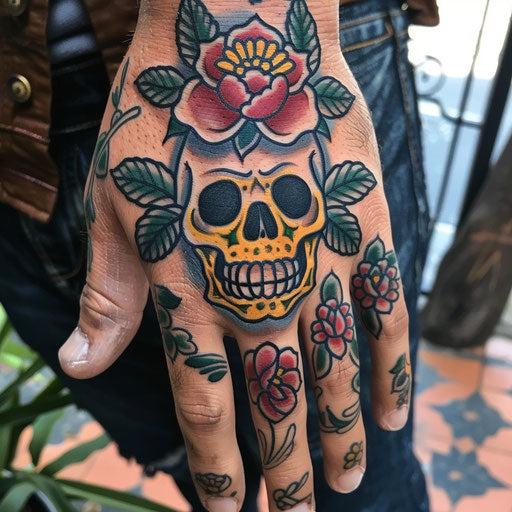 Skull hand tattoo in the style of Ed Hardy with traditional roses
