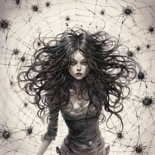 Pattern with spiders and spider webs, in subtle ink wash style