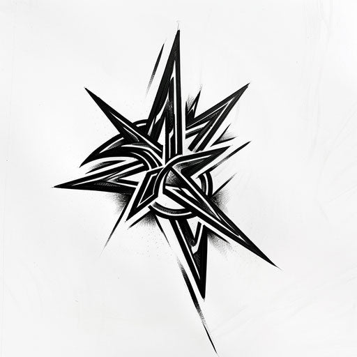 Tribal true north tattoo design, sharp black angles and curves, on a pure white background