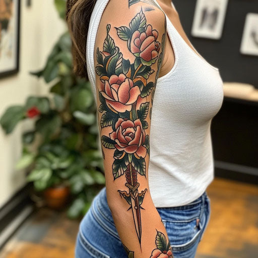 Flower sleeve tattoo with roses and dagger