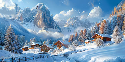 Airbrush painting of a snow-covered village, Italian dolomite style