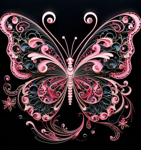Black and pink butterfly, floral and swirl design in line style