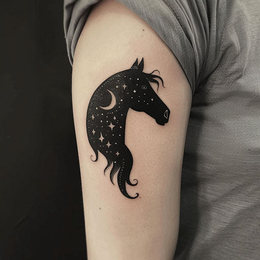 Minimalist dark horse silhouette with starry sky