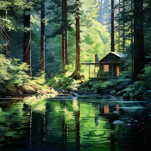 Log cabin in forest, romantic riverscape style