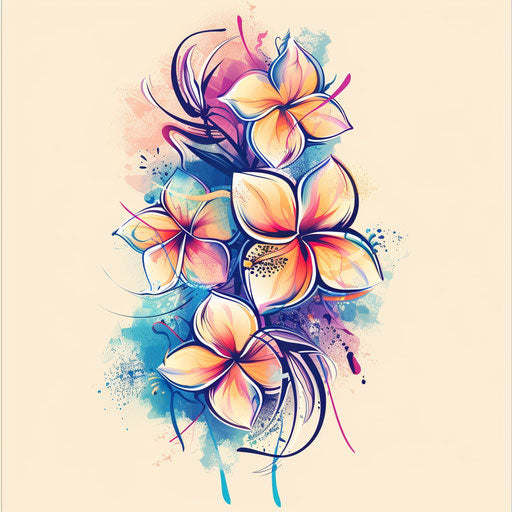 Plumeria tattoo sketch with colorful splashes in playful style