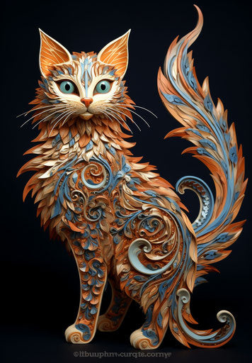A cat with a big tail on a blue, in the style of light gold and light crimson, light orange and light brown, jump cuts, light brown, persian miniature, award winning 23:33