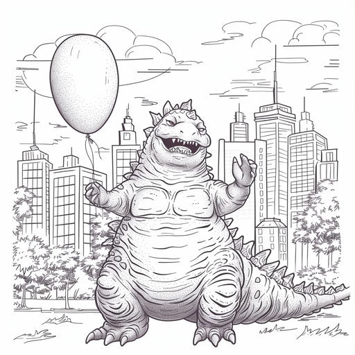 Playful Godzilla holding a balloon in a park