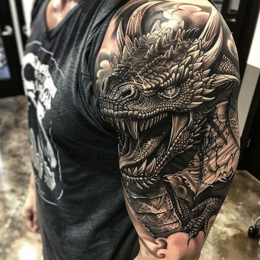 Half sleeve tattoo for men in the style of Glenn Fabry with a realistic dragon