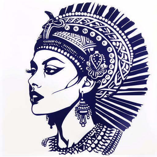 Detailed Egyptian-inspired tattoo stencil in dark blue on white