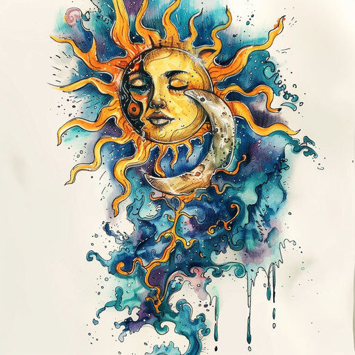 Surreal tattoo sketch of a sun melting into a moon, abstract design, vivid colors