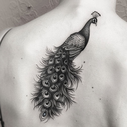 Black and white peacock tattoo, shadows on white background