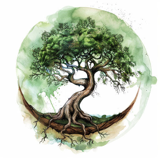 Naturalistic tattoo sketch of a tree with branches as yoga poses, clipart style