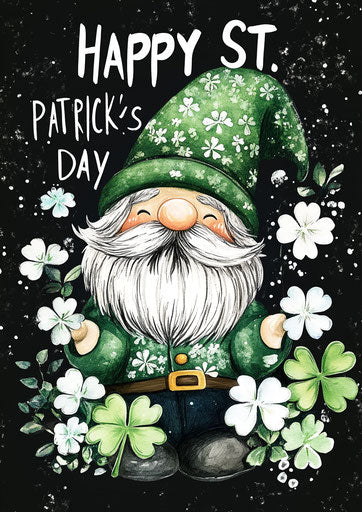 St. Patrick's Day gnome with green hat, surrounded by white flowers and four-leaf clovers