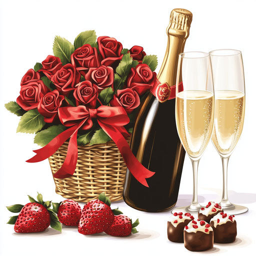 Romantic celebration with champagne, roses, and chocolate strawberries