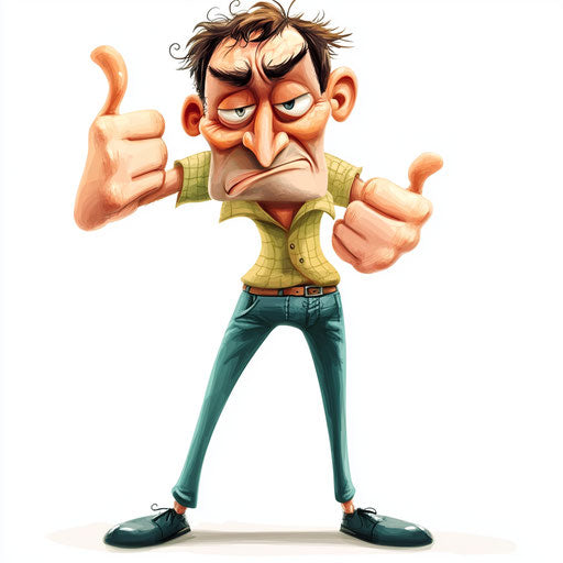 Humorous caricature of a shapes caricature clipart with human characteristics, exaggerated raised eyebrows, long legs, dramatic shadows, vibrant colors, cartoon style, thumbs down, high-resolution, no background, isolated