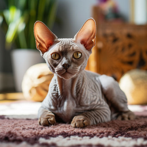 Devon rex cat lying on a carpet