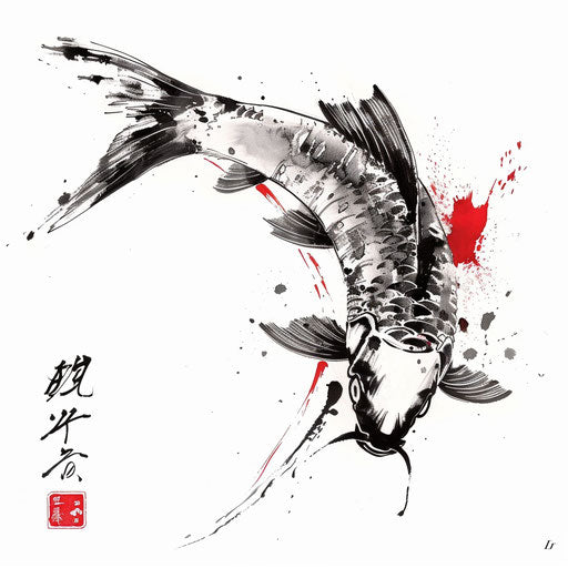 Artistic interpretation of a Chinese-style fish tattoo on white background